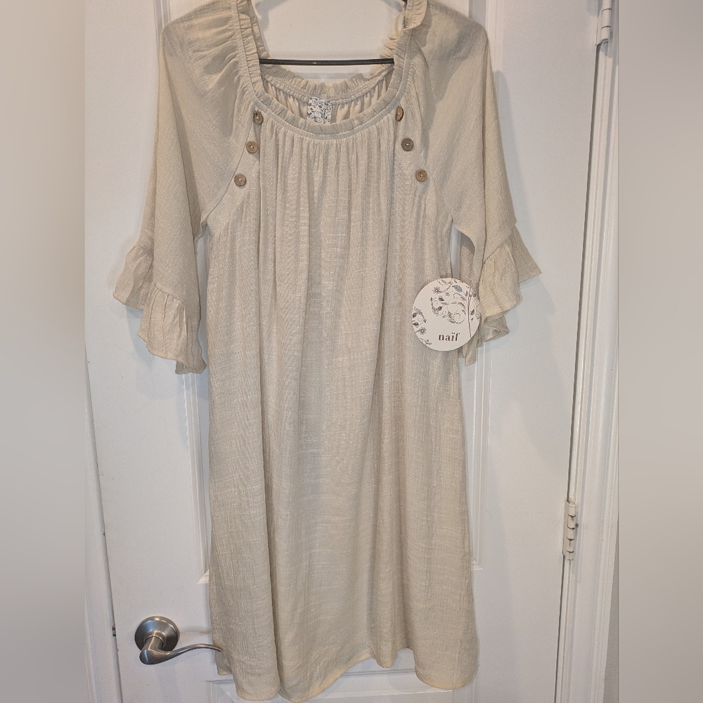 NWT Naif Cream Boho Dress Medium Ruffle Sleeve Flowy Lined Peasant Tunic
